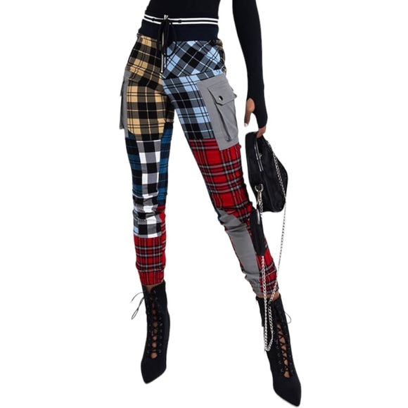 AKIRA Pants - NWT Akira Multicolor Plaid Patchwork Bottoms with Multiple Pockets, Sz M, 6/8